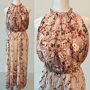 New Chiffon Elegant Floral Print Sleeveless Ruffle Beach Double Split Maxi Dress